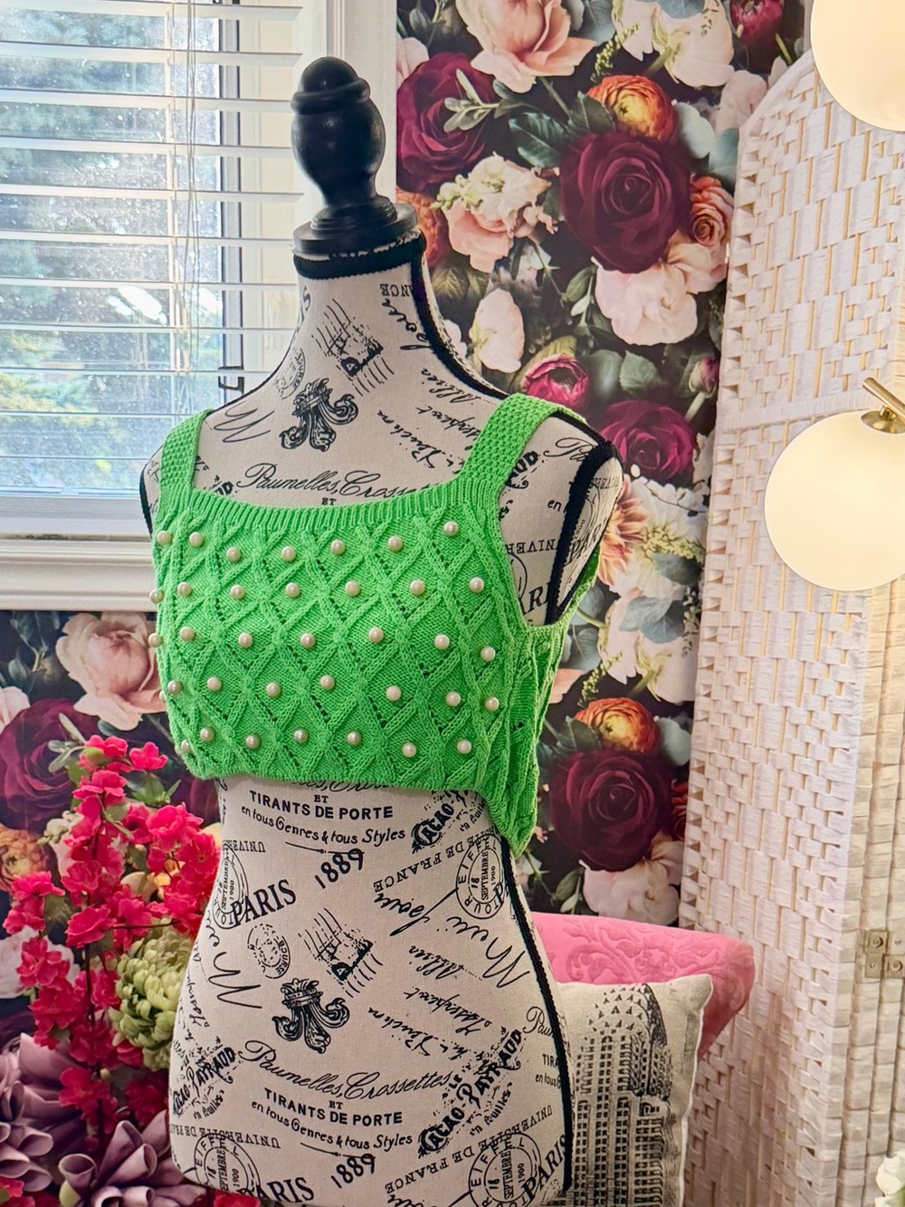 Zara Neon Green Crochet Pearl-Embellished Cropped Tank